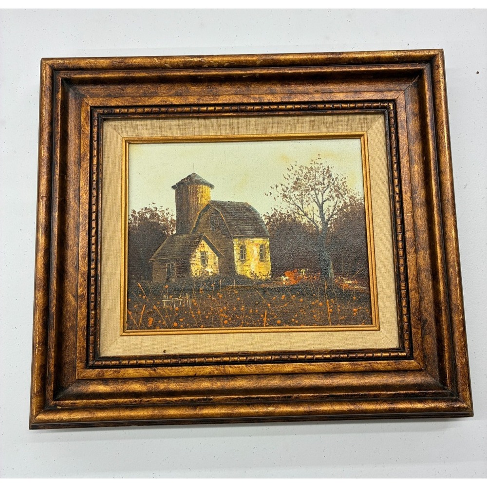 Vintage Oil Painting Barn Silo Autumn Landscape Palette Knife Framed 8x10 Canvas